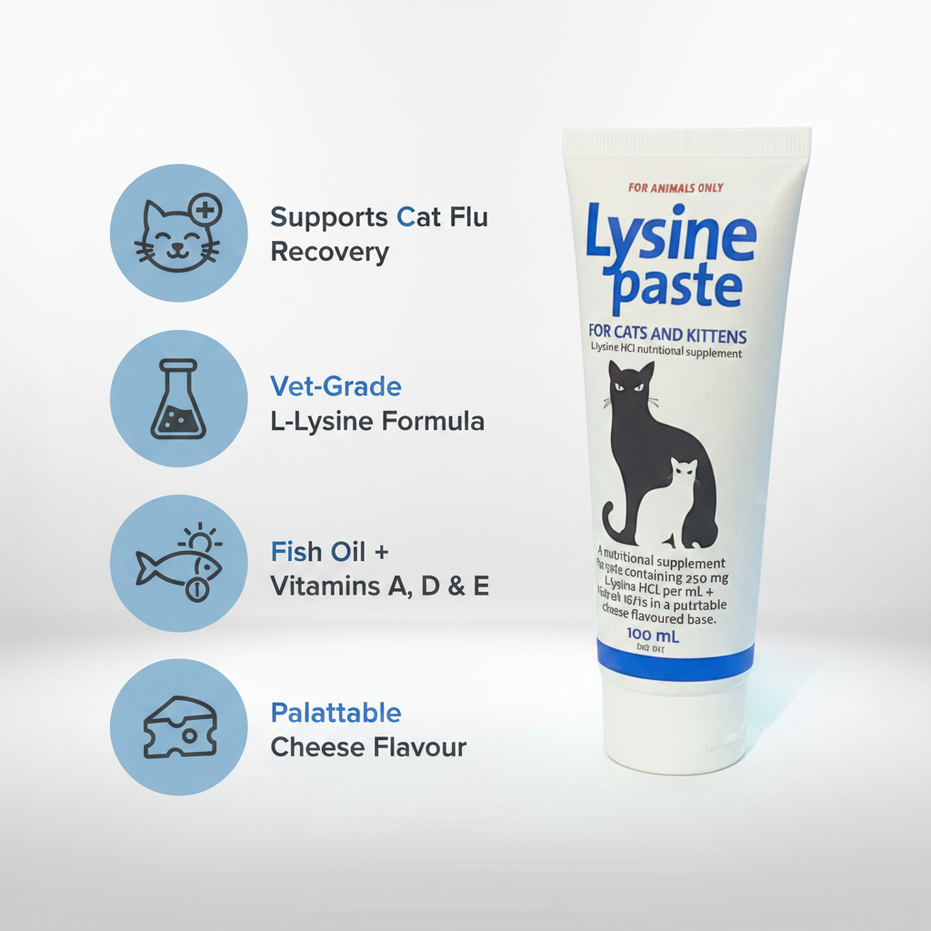 Lysine Paste benefits infographic - vet-grade formula, cat flu support, fish oil and vitamins