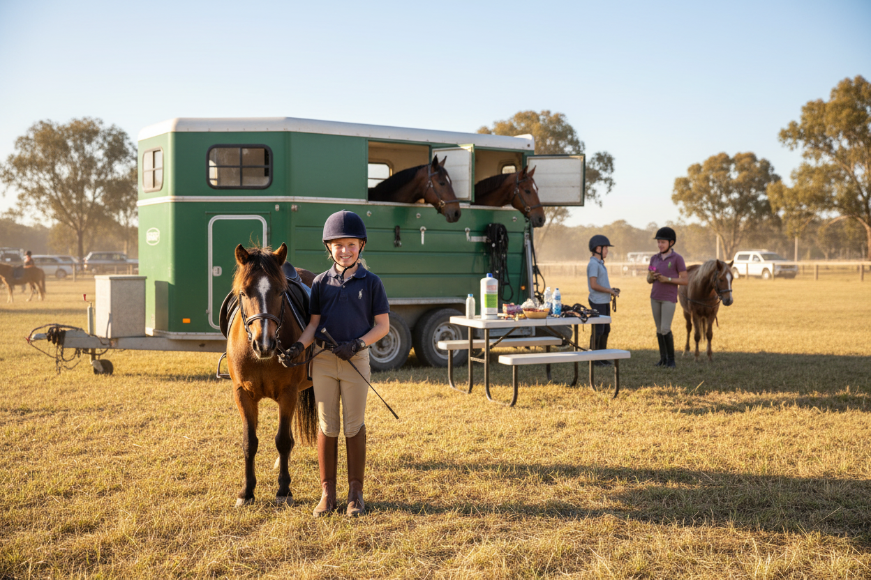 Child rider at pony club with horse float and two horses in background, Austrazole 1L bottle in scene