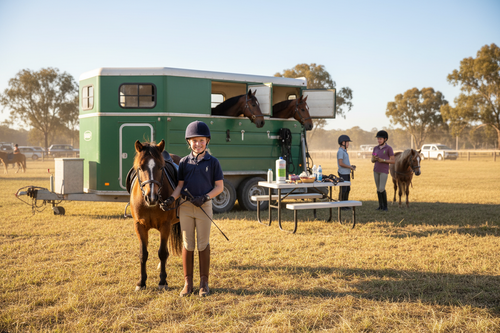 Child rider at pony club with horse float and two horses in background, Austrazole 1L bottle in scene