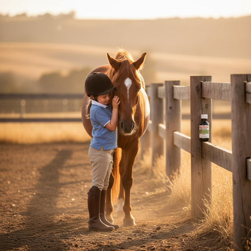 Child in pony club attire hugging horse - ringworm is zoonotic