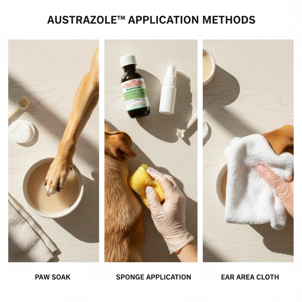 Austrazole application methods - paw soak, sponge body application, cloth for ears