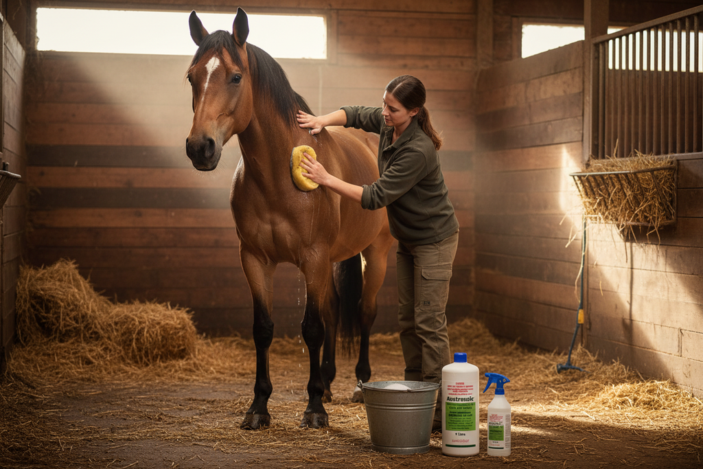 Person sponging down a horse in a stable with Austrazole 1L bottle and spray bottle beside a bucket