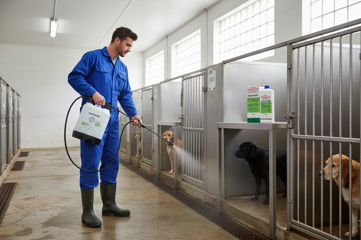 Man spraying down a commercial kennel with a pump action sprayer, dogs in kennel runs, Austrazole 1L bottle on shelf