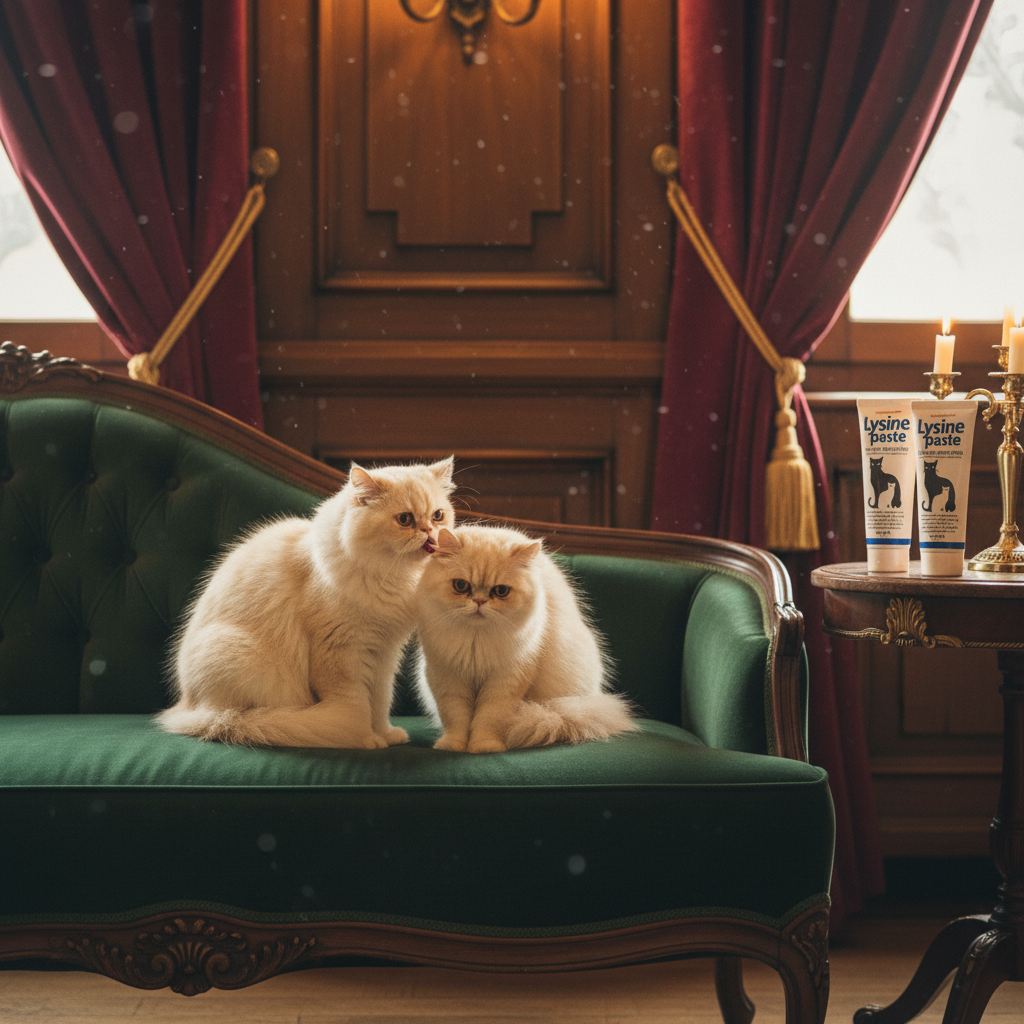 Two fluffy Persian cats in a luxury interior with Lysine Paste value pack