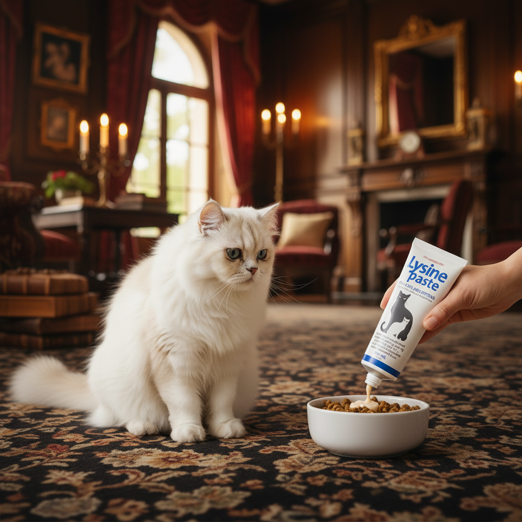 Owner adding Lysine Paste to cat food with fluffy Persian cat in old world luxury interior