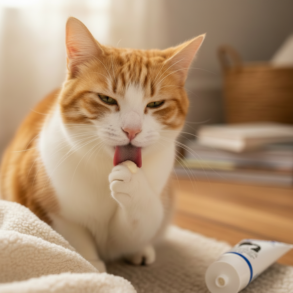 Cat with Lysine Paste on paw, looking content and healthy
