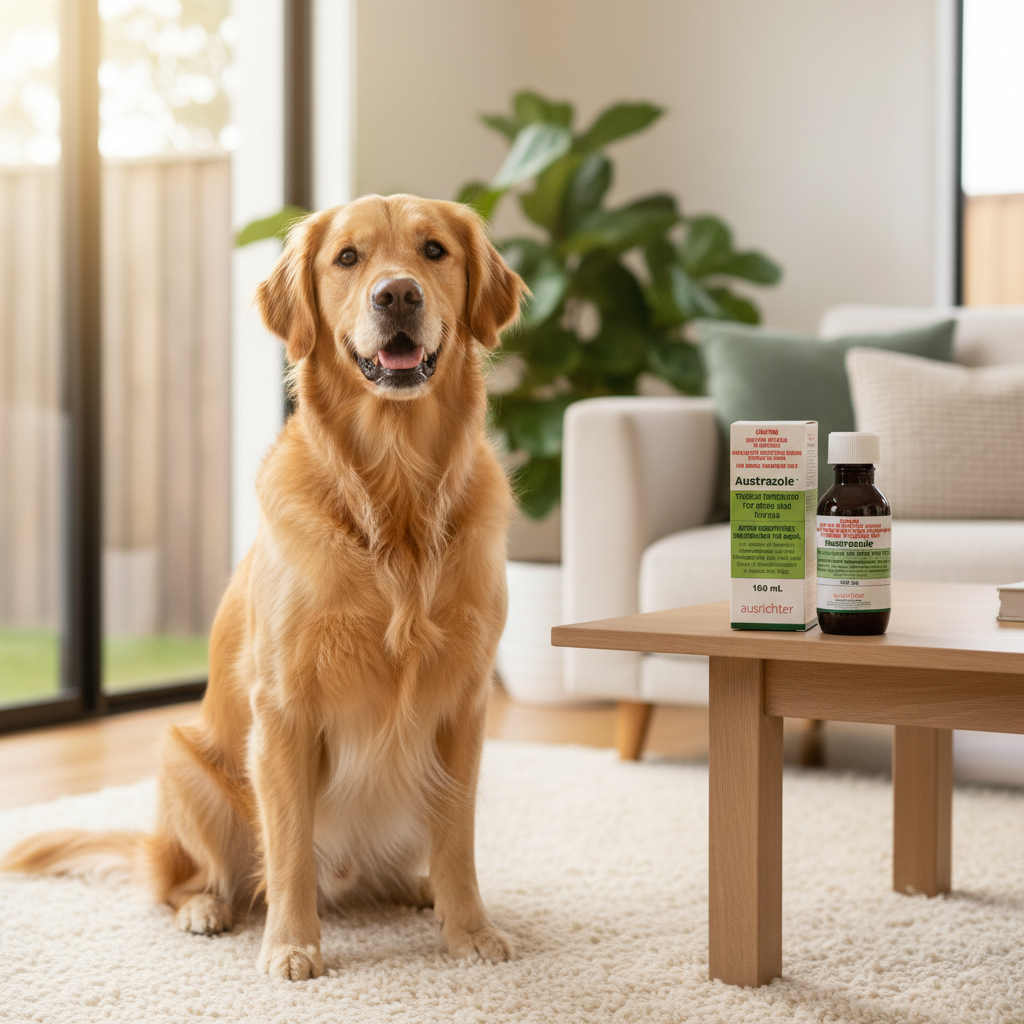 Happy healthy dog with Austrazole antifungal treatment nearby