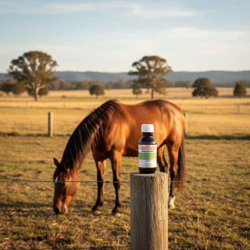 Healthy horse in Australian paddock with Austrazole treatment nearby