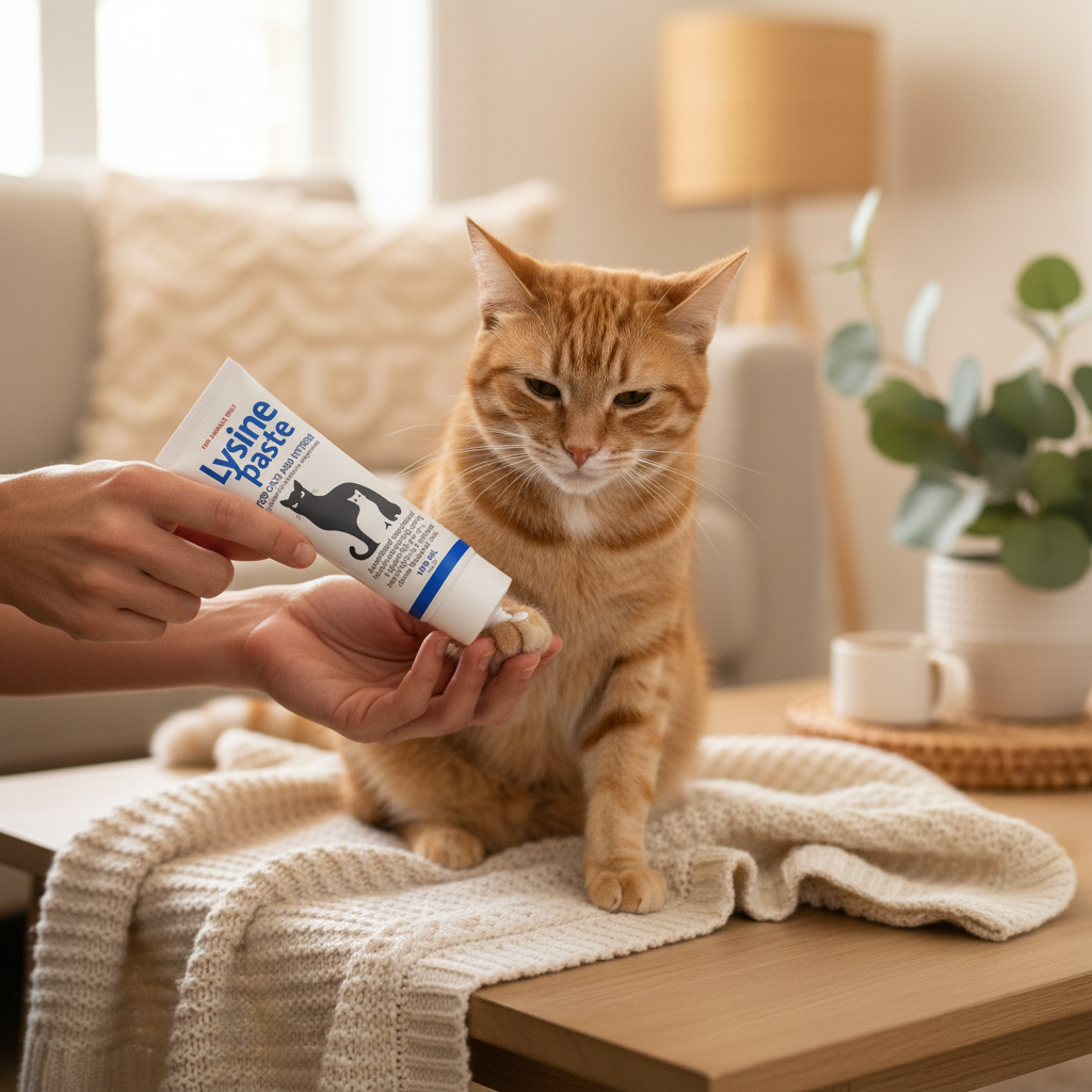 Owner administering Lysine Paste to a calm cat in a warm home setting