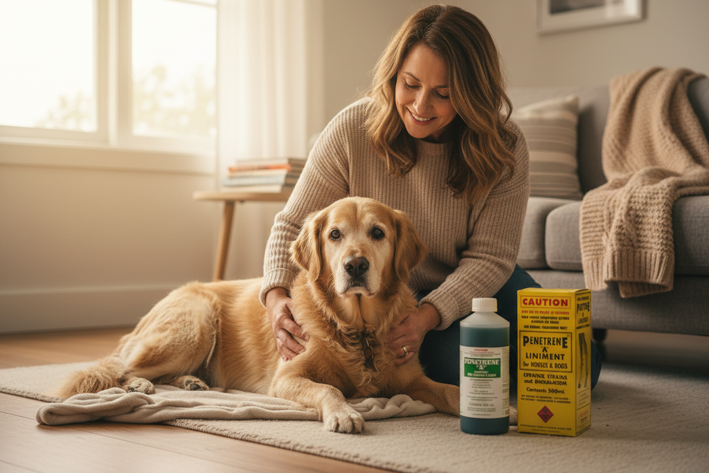 Dog owner gently massaging Penetrene A Liniment into the joints of a senior dog