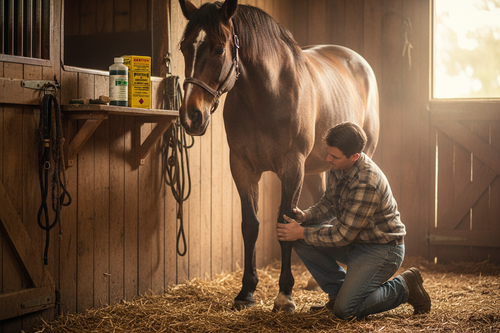 Person massaging Penetrene A Liniment into a horse's lower leg in a stable